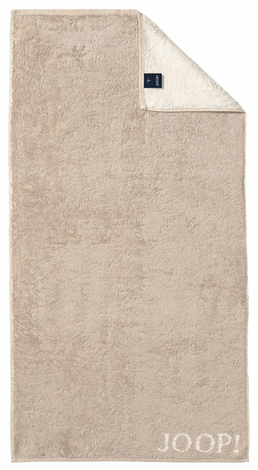Beiges Duschtuch mit eingewebtem JOOP! Logo, Draufsicht