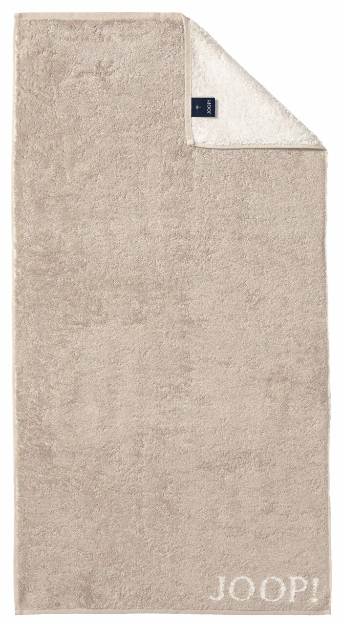 Beiges Duschtuch mit eingewebtem JOOP! Logo, Draufsicht