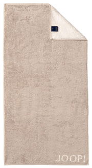 Beiges Duschtuch mit eingewebtem JOOP! Logo, Draufsicht