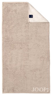 Beiges Duschtuch mit eingewebtem JOOP! Logo, Draufsicht