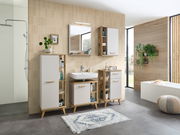 Moderne Badezimmeransicht mit TwinLED-Aufsatzleuchte über einem Spiegel, umgeben von stilvollen Schränken und Pflanzen, seitliche Perspektive.