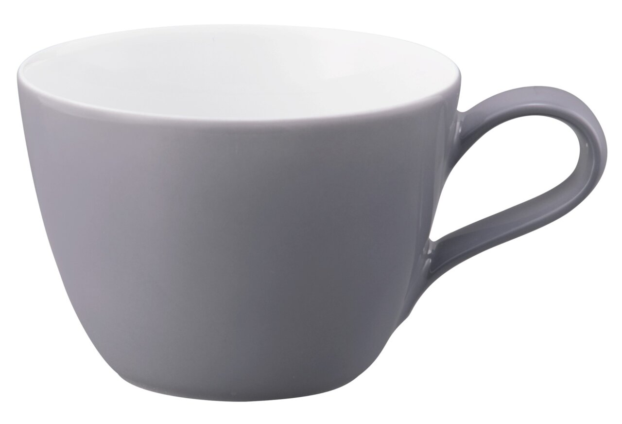 Graue Kaffeetasse mit Henkel, seitliche Perspektive