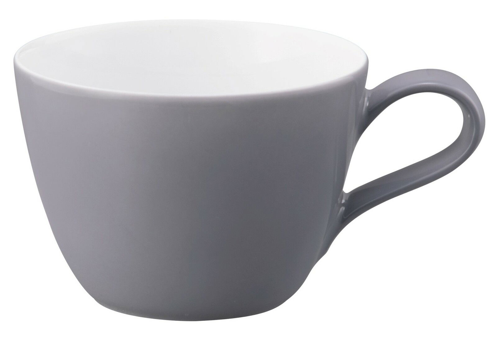 Graue Kaffeetasse mit Henkel, seitliche Perspektive