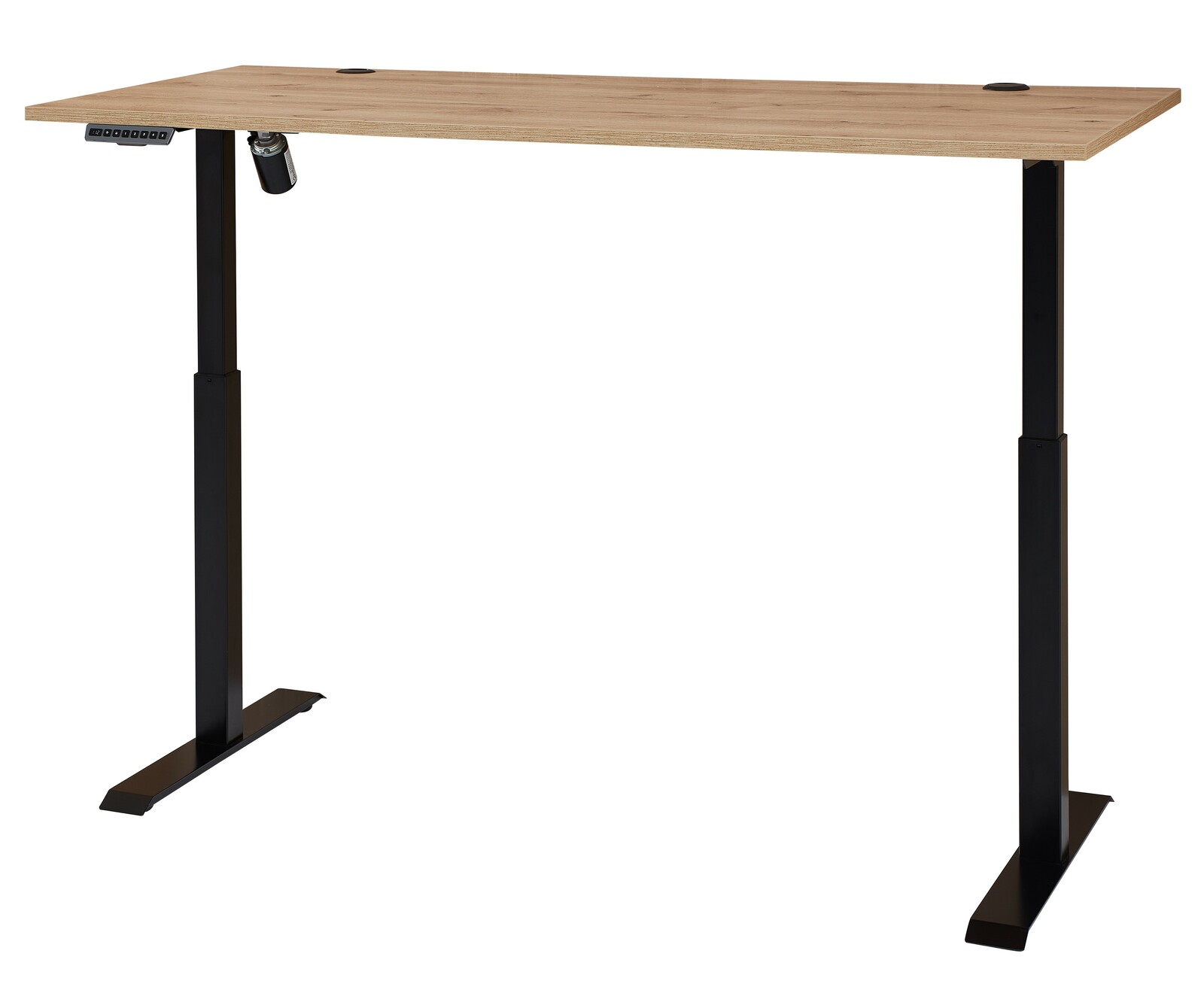 Höhenverstellbarer E-Schreibtisch mit Furnieroberfläche, seitliche Perspektive