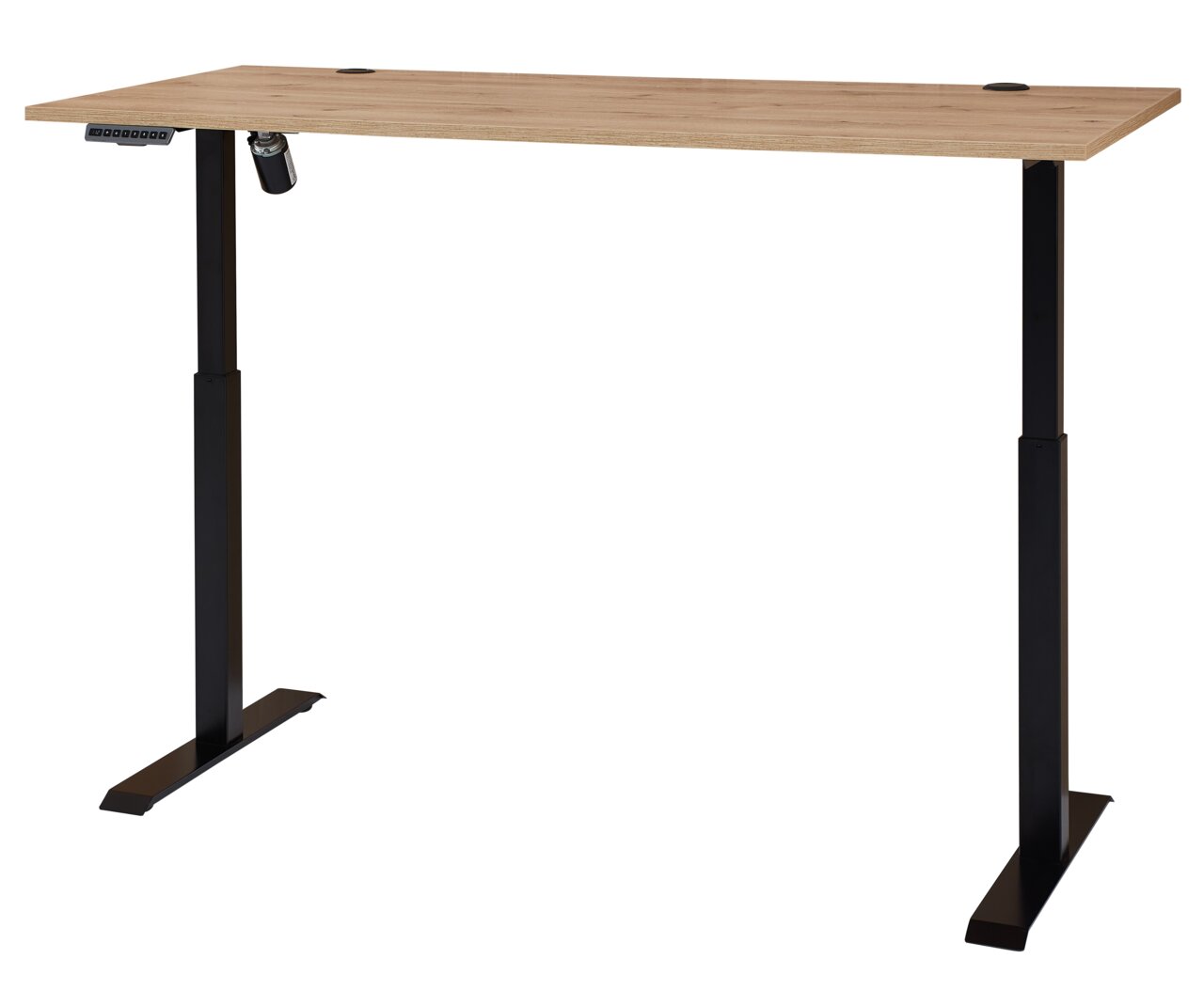 Höhenverstellbarer E-Schreibtisch mit Furnieroberfläche, seitliche Perspektive