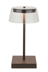 Moderne LED-Tischleuchte mit klarem Schirm und braunem Sockel, seitliche Perspektive