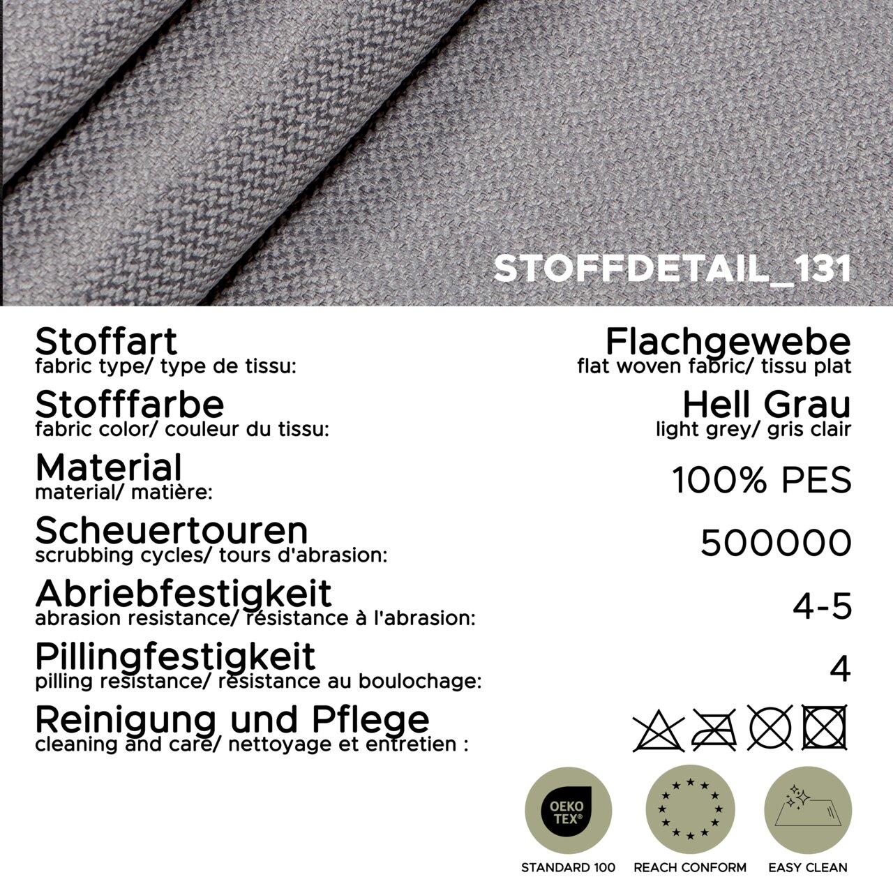 Nahaufnahme von hellgrauem Flachgewebe-Polsterstoff (Stoffdetail_131) mit Produktdaten: 100% PES, 500.000 Scheuertouren, Abriebfestigkeit 4–5, Pilling 4, Pflegehinweise sowie OEKO-TEX Standard 100, REACH conform und Easy Clean; Perspektive: Detail-/Makroa
