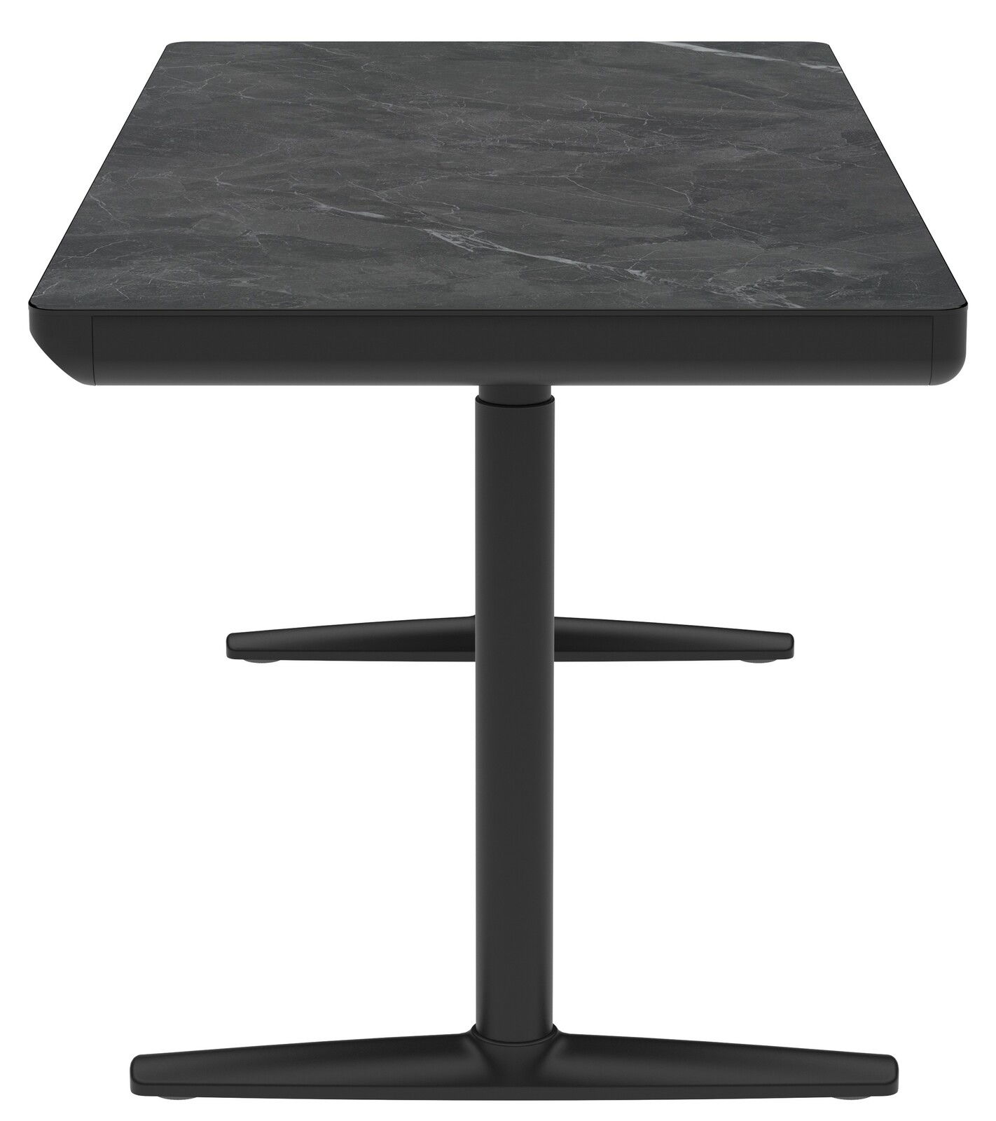 Moderner E-Schreibtisch mit dunkler Tischplatte und stabilem, zentralem Standfuß, Ansicht von vorne.