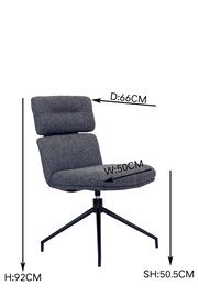 Moderner Stuhl mit gepolsterter Rückenlehne und Sitzfläche, schwarzem Metallgestell, seitliche Perspektive