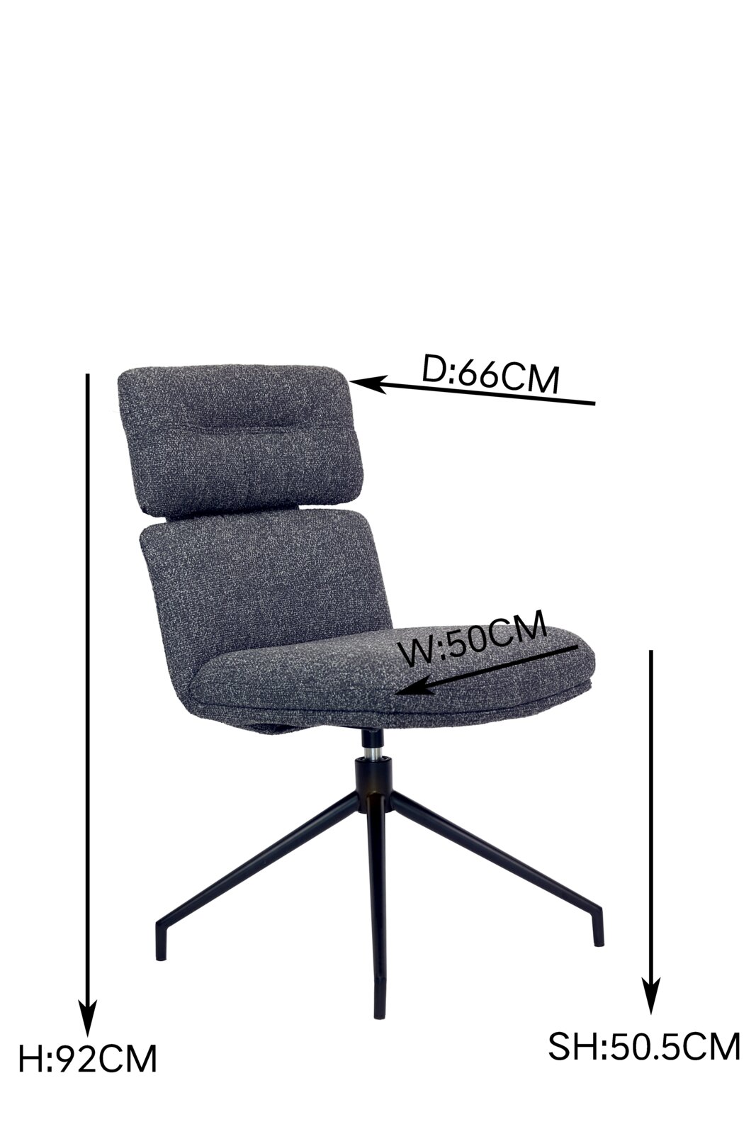 Moderner Stuhl mit gepolsterter Rückenlehne und Sitzfläche, schwarzem Metallgestell, seitliche Perspektive