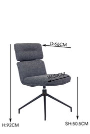 Moderner Stuhl mit gepolsterter Rückenlehne und Sitzfläche, schwarzem Metallgestell, seitliche Perspektive