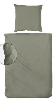 Bettwäsche-Set in Olivgrün, bestehend aus einem Kissenbezug und einem Bettdeckenbezug, aus der Vogelperspektive fotografiert.