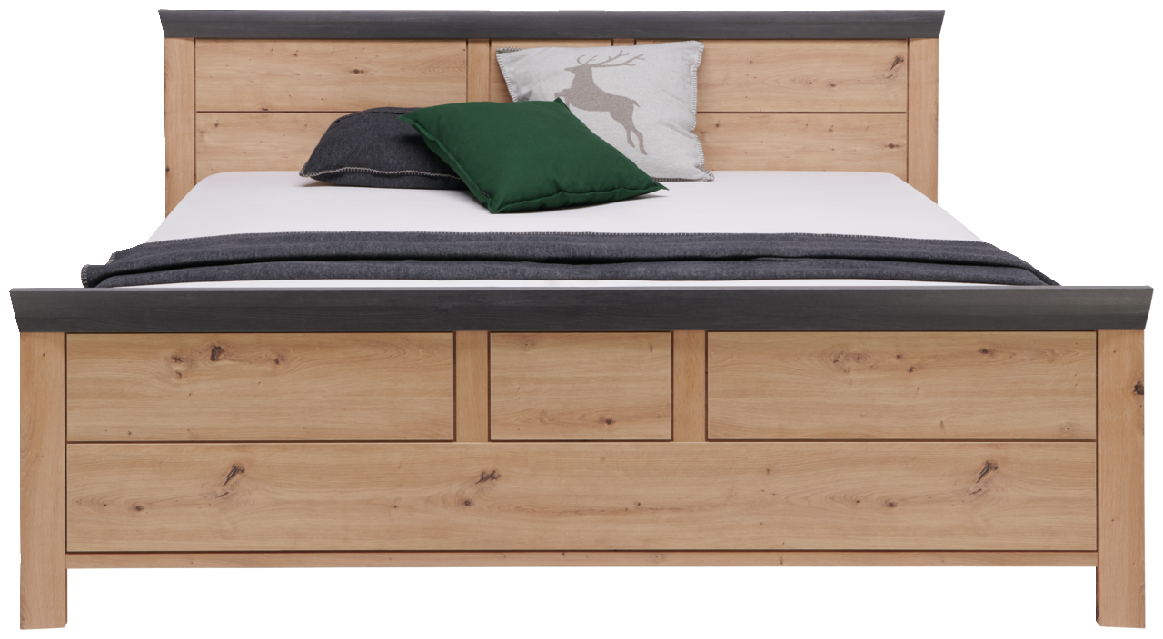 Frontale Ansicht eines Bettes 140x200 aus Holz mit grauen und grünen Kissen.