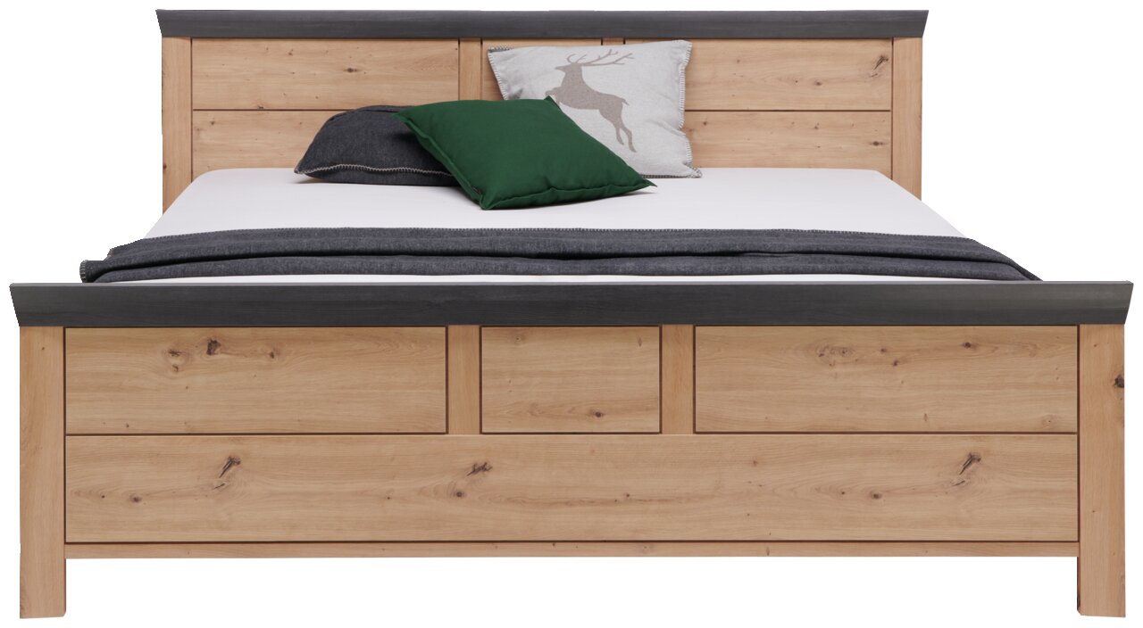 Vooraanzicht van een houten bed van 140 x 200 cm met grijze en groene kussens.