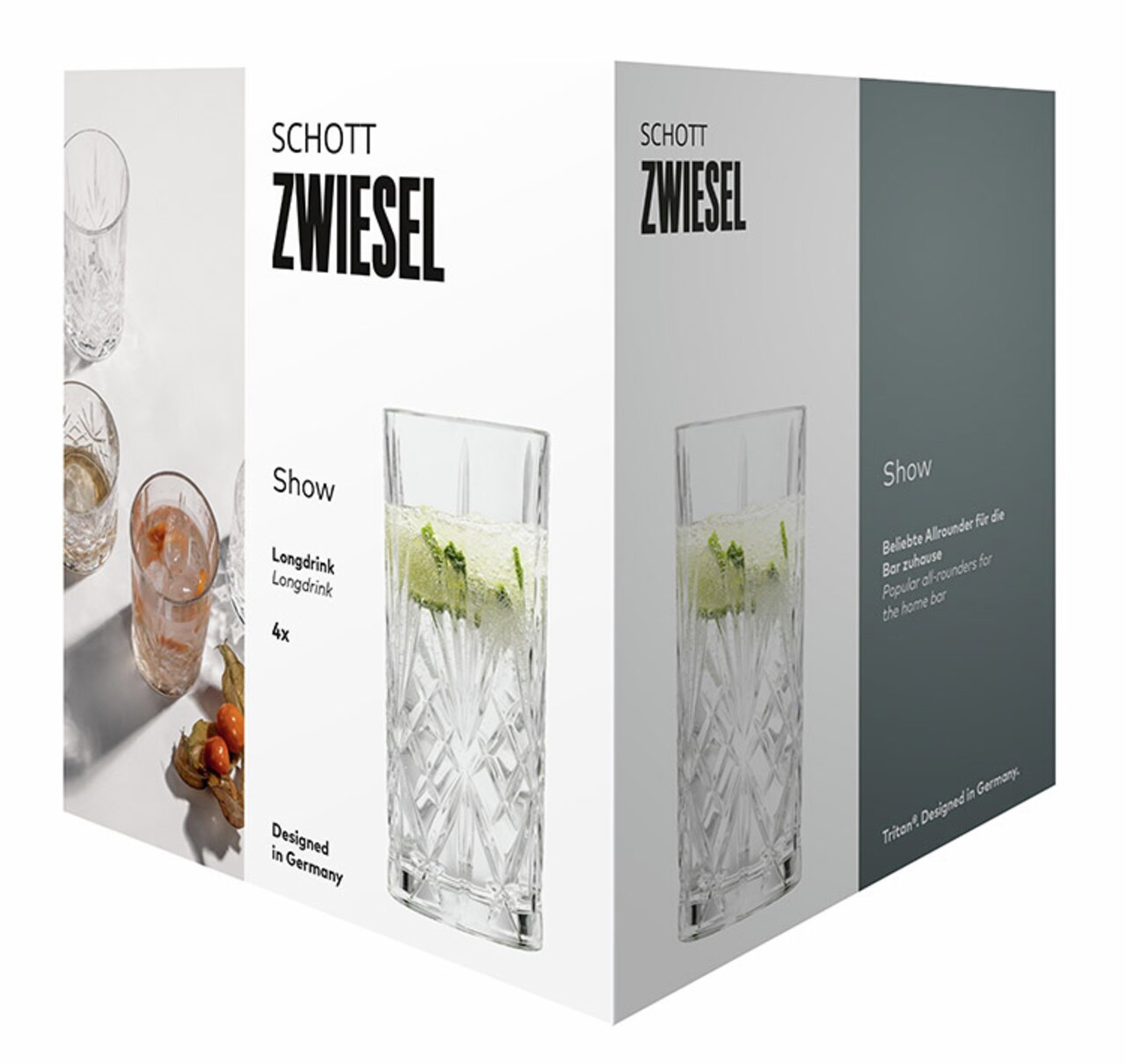 Verpackung des Longdrinkglas Show 4er Sets von Schott Zwiesel, mit einem Glas in Nahaufnahme und dekorativen Elementen, perspektivisch von vorne rechts.