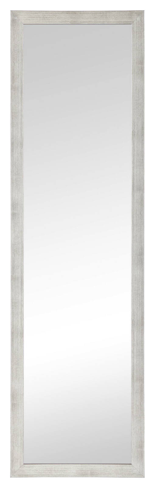 Rechteckiger Wandspiegel mit silbernem Rahmen, frontal fotografiert.