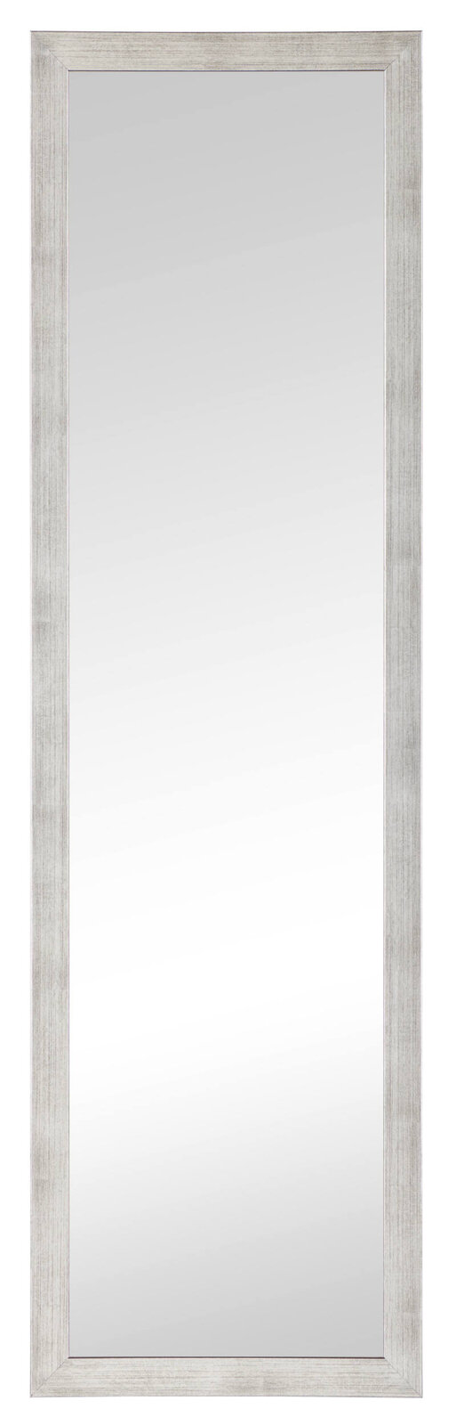 Rechteckiger Wandspiegel mit silbernem Rahmen, frontal fotografiert.