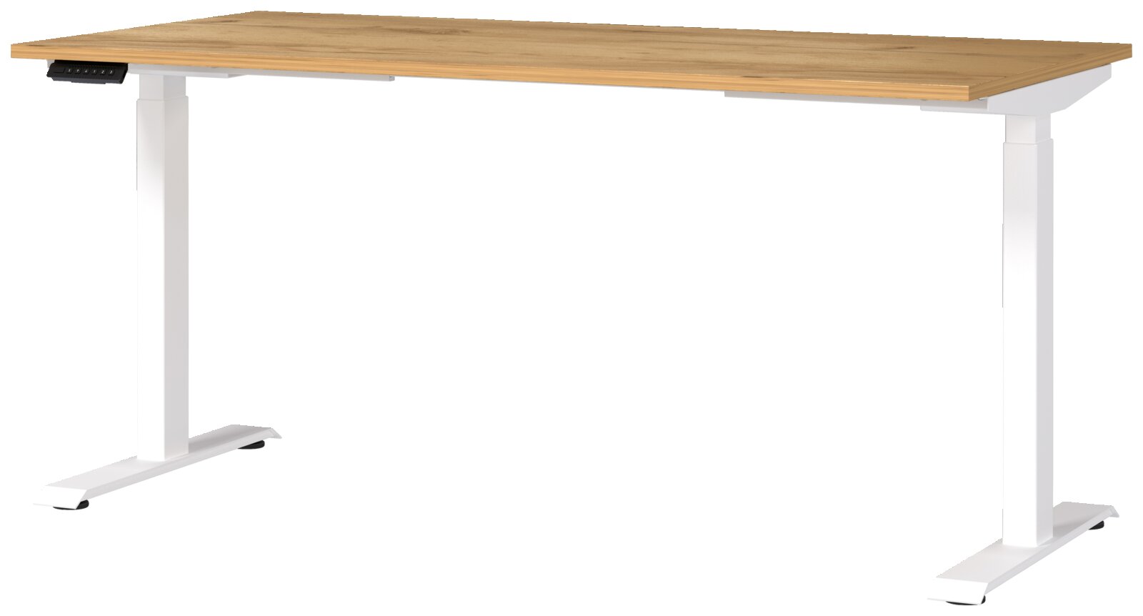 Modern elektrisch bureau van 160 x 80 cm met houten blad en witte, in hoogte verstelbare poten, zijaanzicht