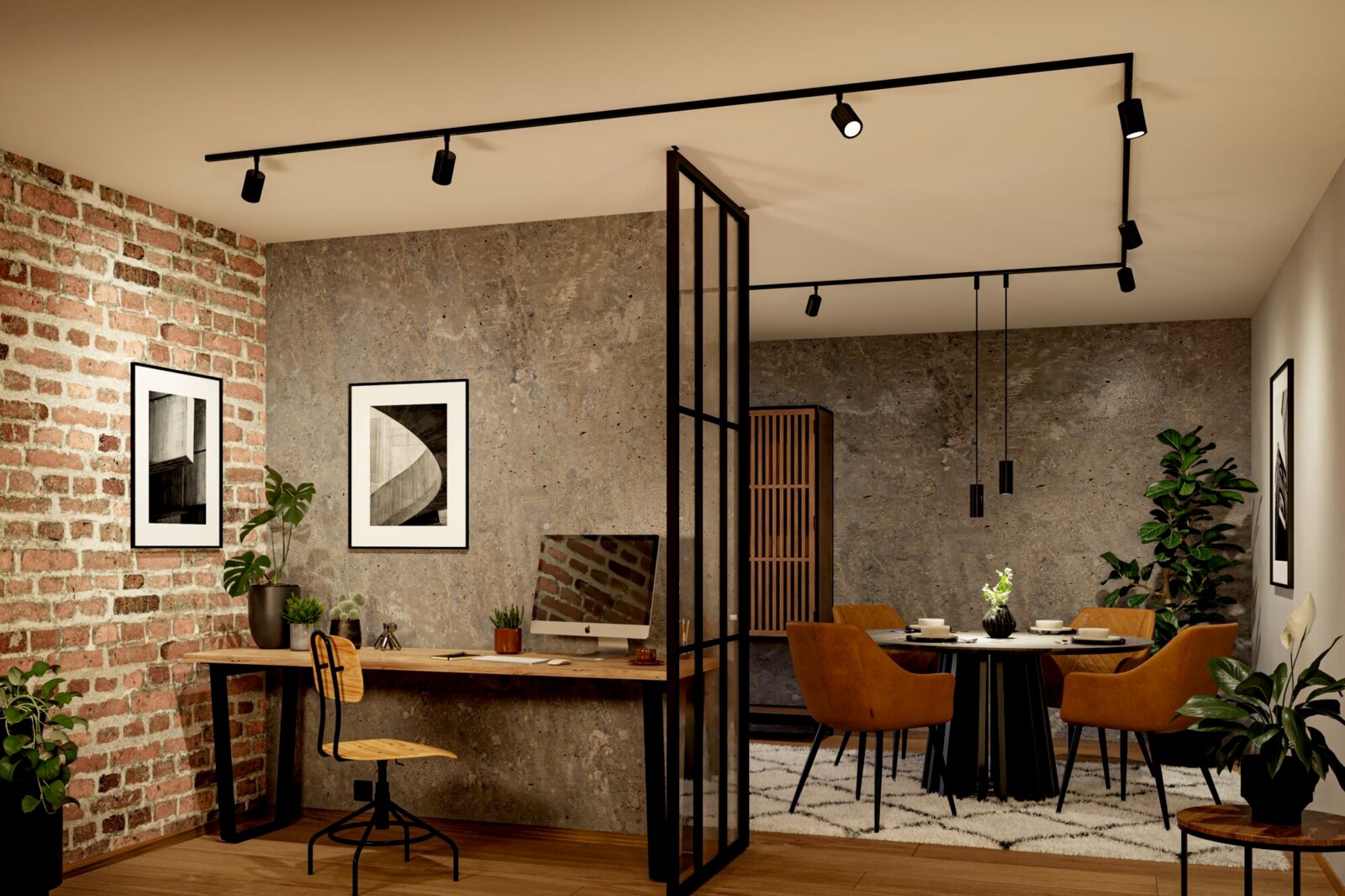 Modernes Industrial-Interieur mit schwarzer Schienenbeleuchtung und Spots an der Decke, Blick aus leichtem Untersicht-/Weitwinkelwinkel in Arbeits- und Essbereich mit Ziegel- und Betonwand, Glasraumteiler, Holzschreibtisch und Esstisch mit braunen Stühlen