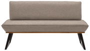 Frontansicht einer modernen, grauen Bank mit schwarzem Metallgestell und Holzdetails, 180 cm breit.