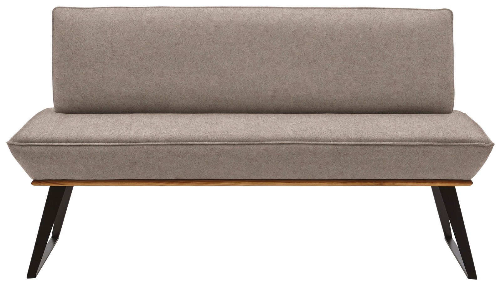 Frontansicht einer modernen, grauen Bank mit schwarzem Metallgestell und Holzdetails, 180 cm breit.