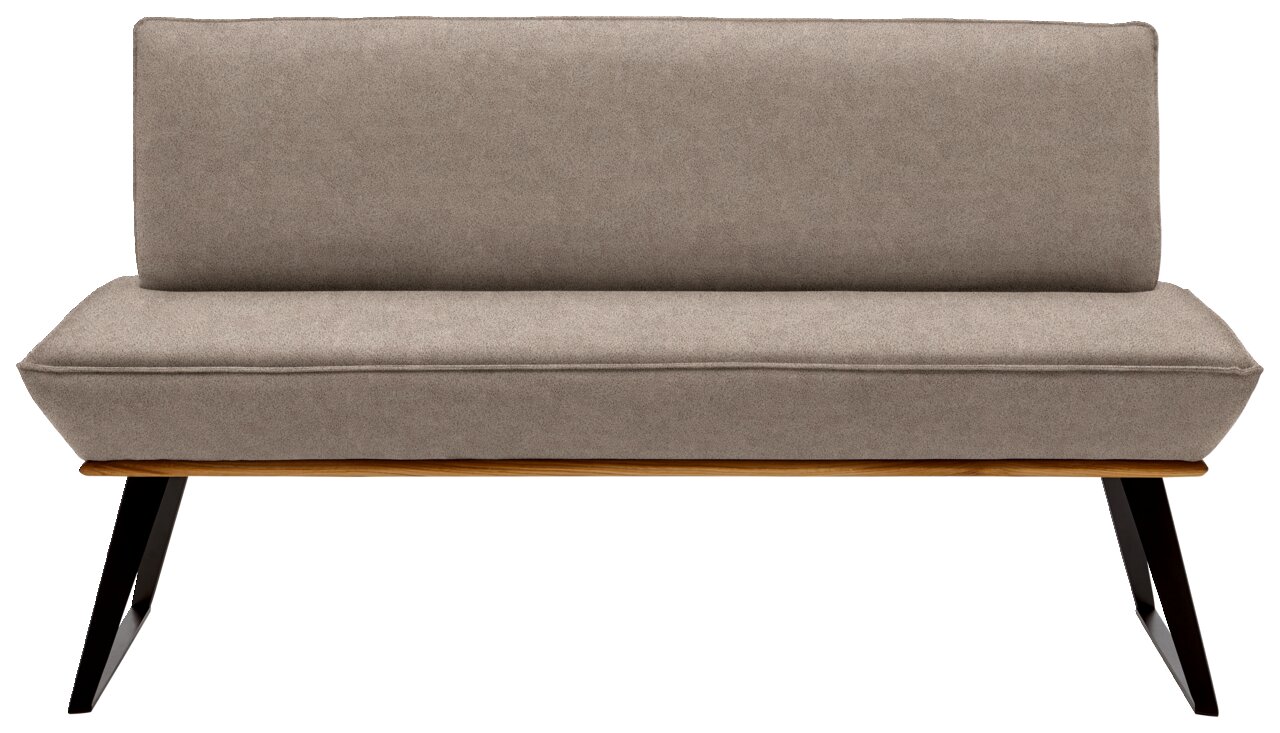 Frontansicht einer modernen, grauen Bank mit schwarzem Metallgestell und Holzdetails, 180 cm breit.