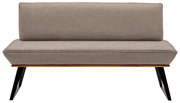 Frontansicht einer modernen, grauen Bank mit schwarzem Metallgestell und Holzdetails, 180 cm breit.