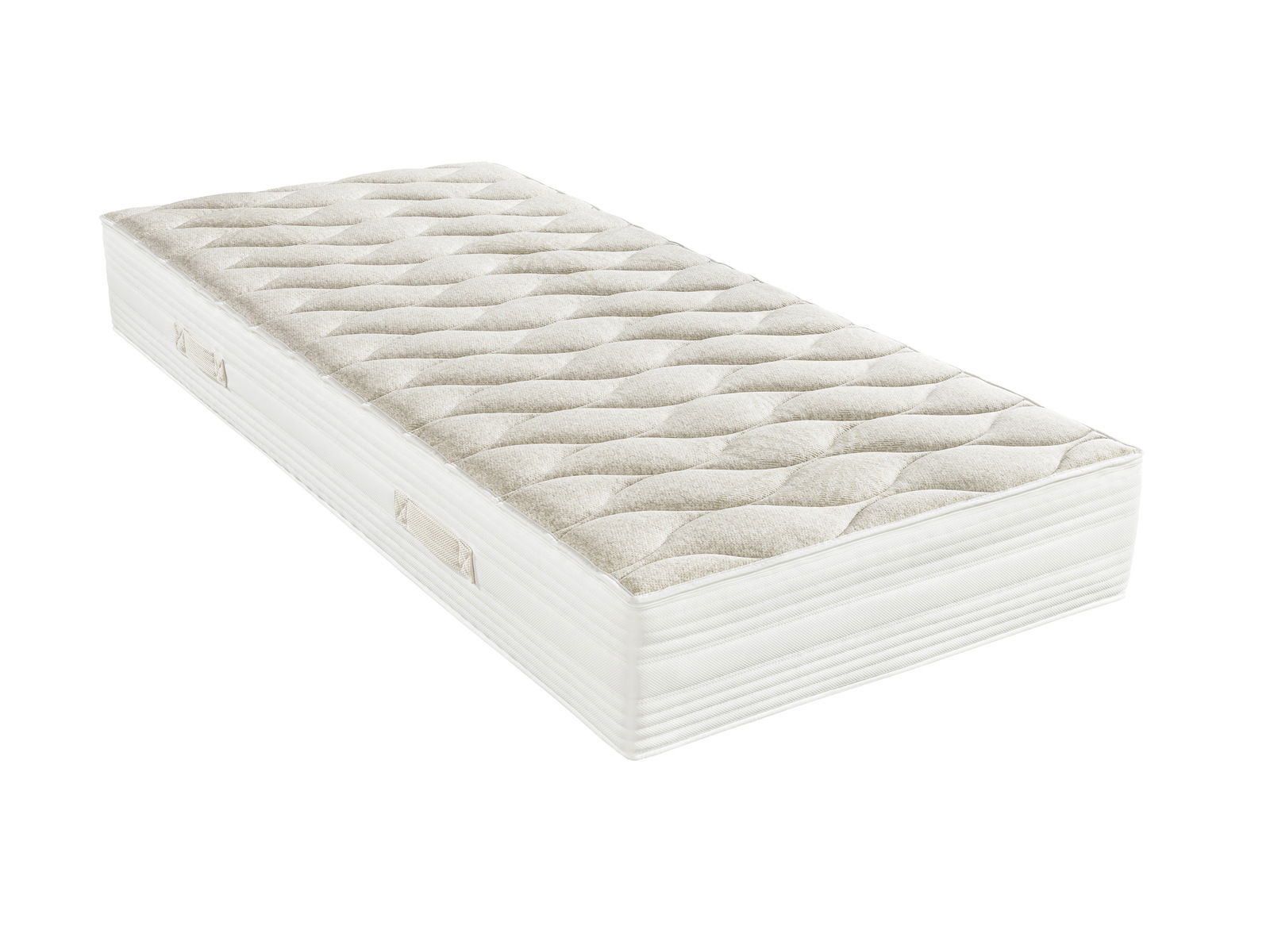 Kaltschaummatratze H3 in seitlicher Perspektive mit gestepptem Bezug und Tragegriffen