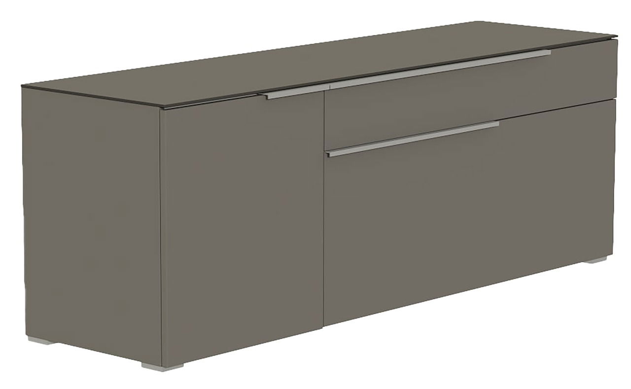 TV-Lowboard in grauer Farbe, seitliche Perspektive