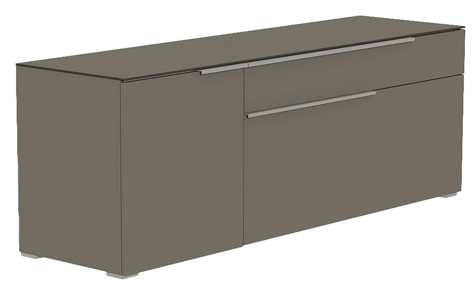 TV-Lowboard in grauer Farbe, seitliche Perspektive