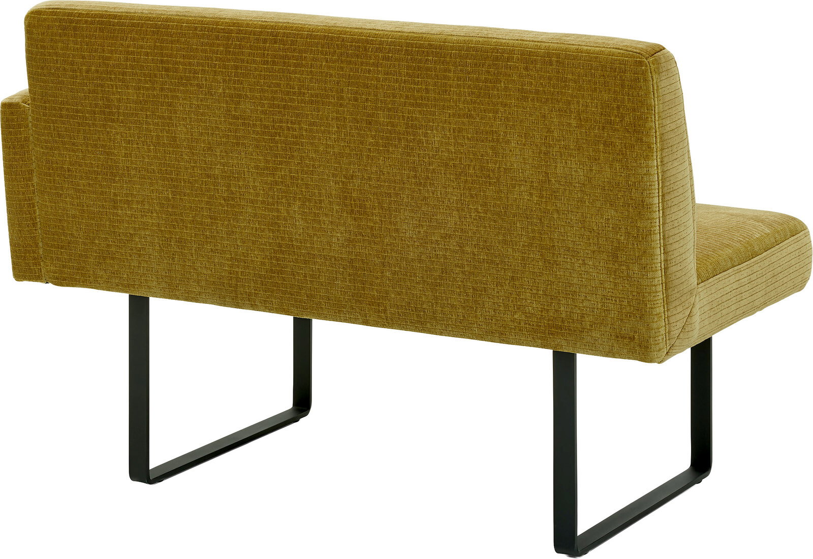 Rückansicht einer senfgelben Bank mit rechter Armlehne und schwarzen Metallbeinen.