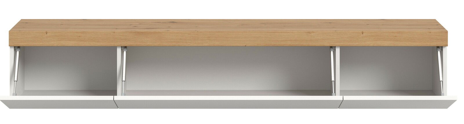 Frontansicht eines großen Lowboards mit Holzoberfläche und drei offenen Fächern.