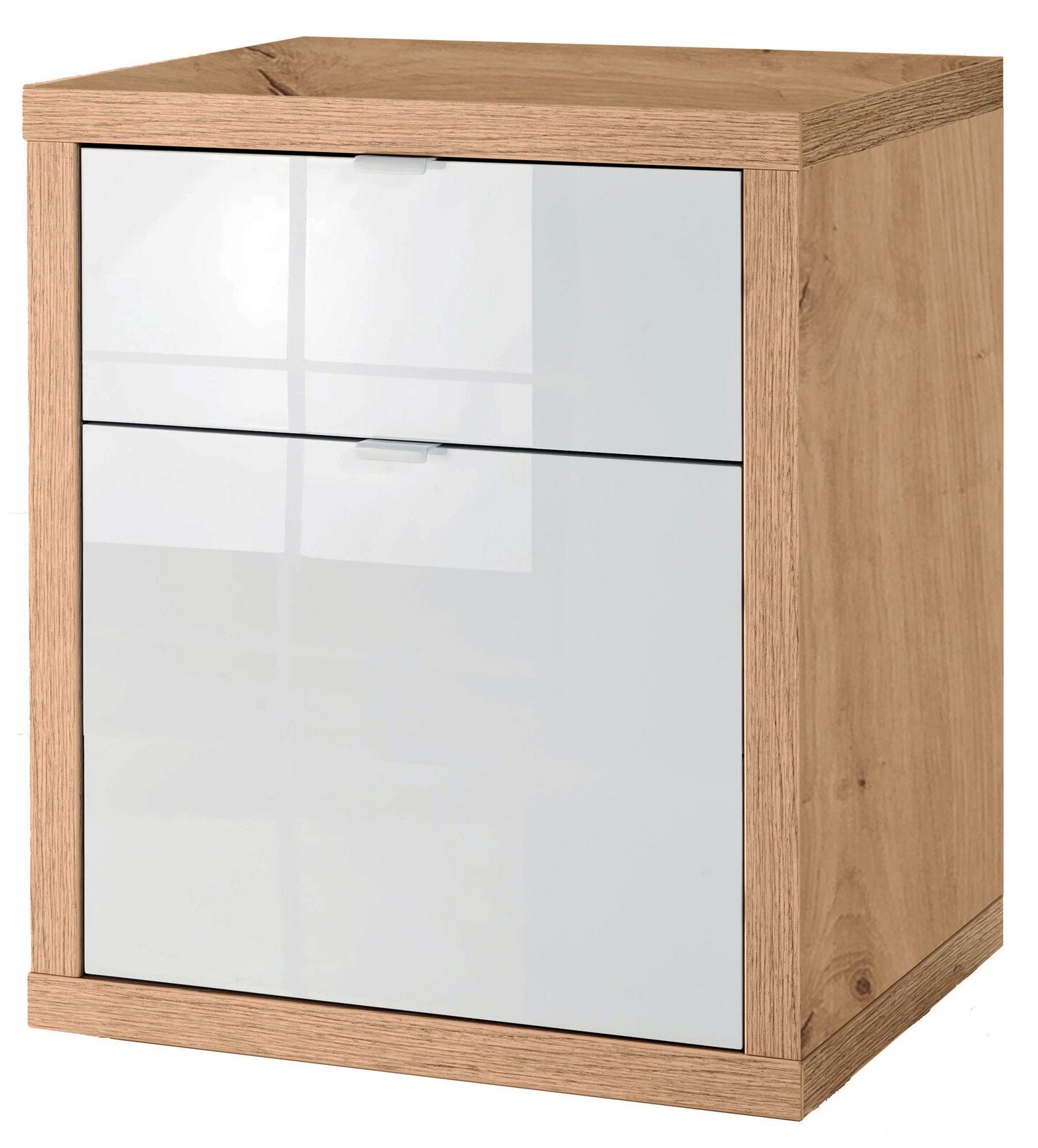 Moderner Holzcontainer mit weißer Front, seitliche Perspektive