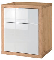 Moderner Holzcontainer mit weißer Front, seitliche Perspektive