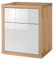 Moderner Holzcontainer mit weißer Front, seitliche Perspektive