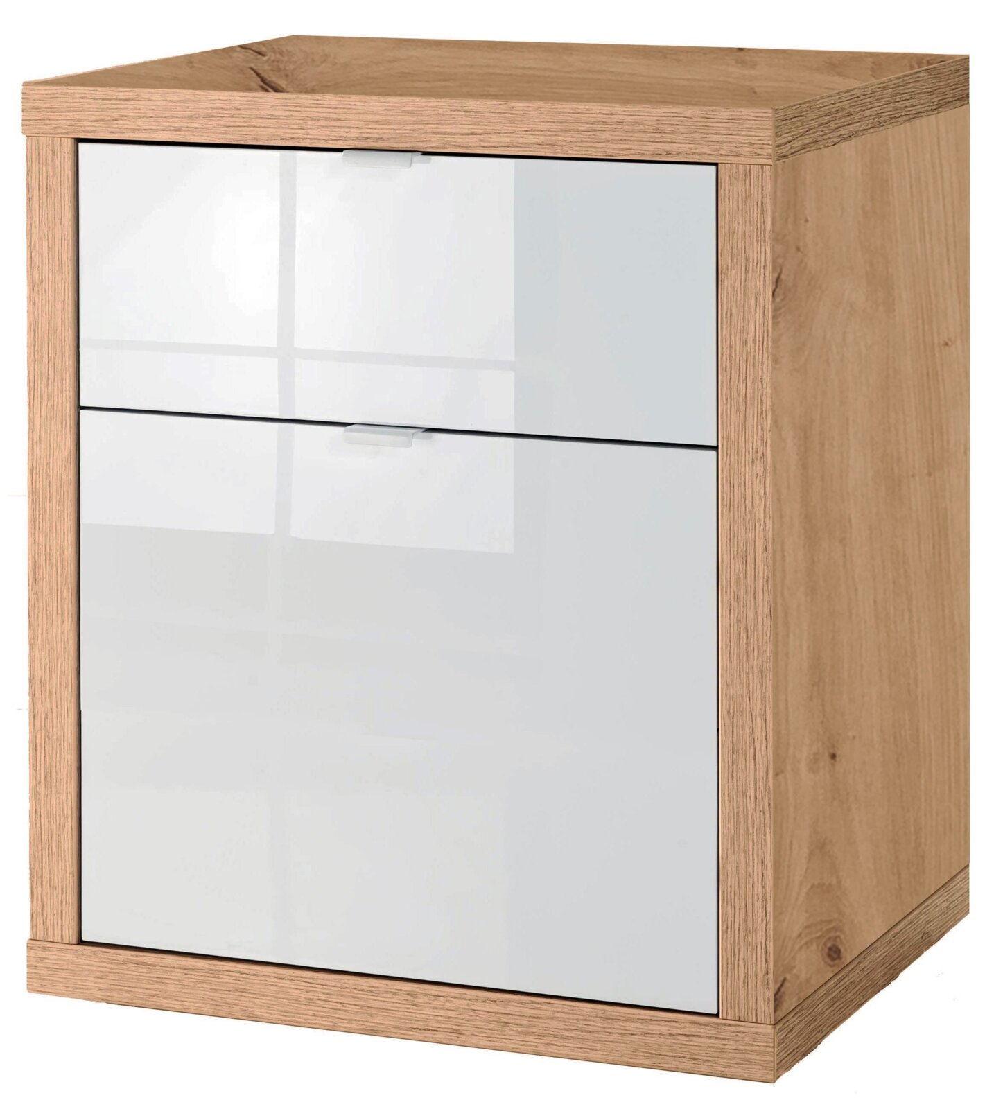 Moderner Holzcontainer mit weißer Front, seitliche Perspektive