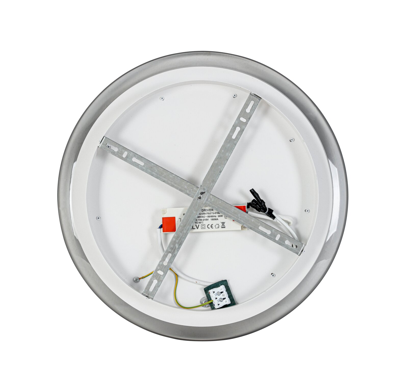 Achterkant van een ronde led-plafondlamp met zichtbare metalen bevestigingen en elektrische aansluitingen.