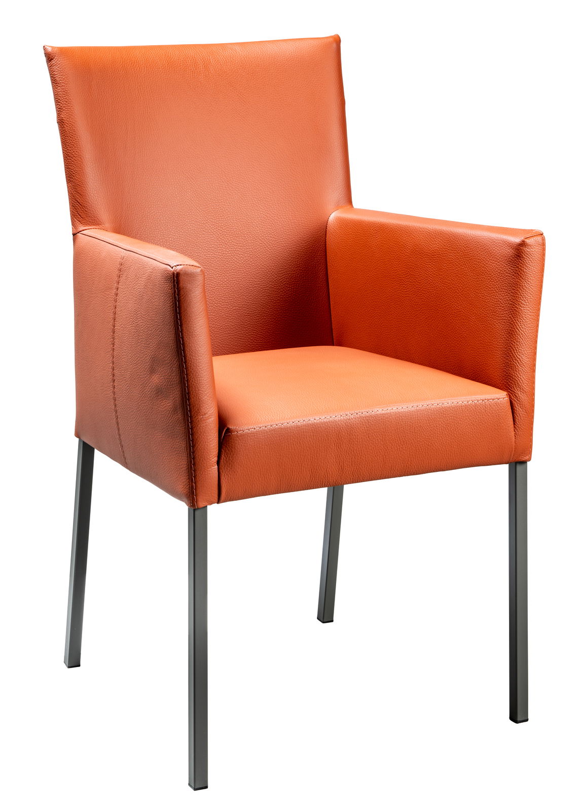 Moderner Armlehnstuhl in orangefarbenem Leder mit Metallbeinen, seitliche Perspektive