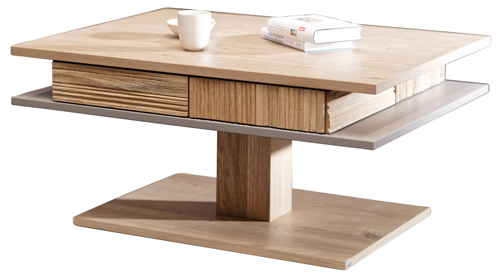 Voglauer Couchtisch V-LACERA LIVING Moderner Couchtisch aus Holz mit zwei Ebenen und zentralem Standfuß, seitliche Perspektive