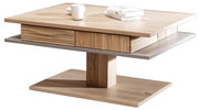 Moderner Couchtisch aus Holz mit zwei Ebenen und zentralem Standfuß, seitliche Perspektive