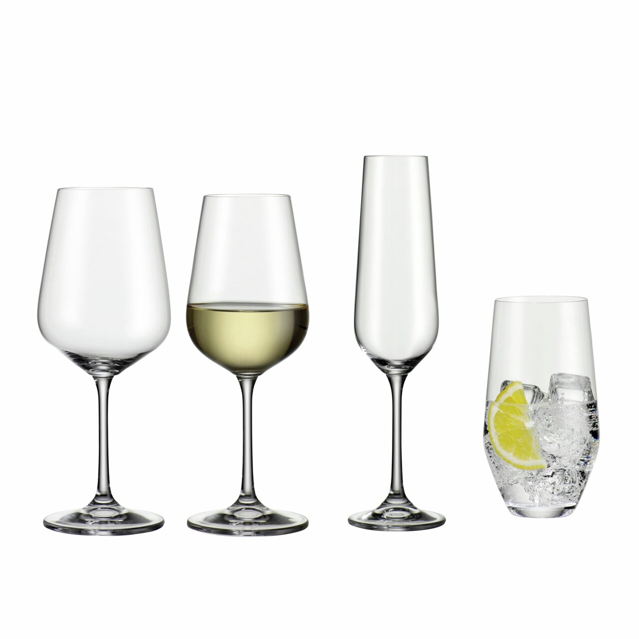 Vier Gläser aus dem Glasset Libera 24-tlg. Set, frontal abgebildet: ein leeres Weinglas, ein Weinglas mit Weißwein, ein Sektglas und ein Longdrinkglas mit Eis und Zitrone.