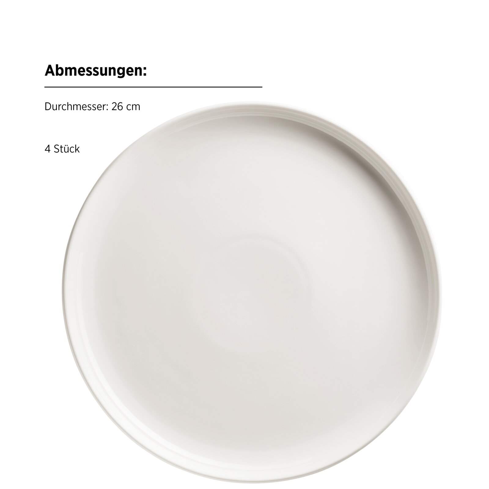 Weißer runder Speiseteller (Set mit 4 Stück), Durchmesser 26 cm, Produktansicht von oben auf weißem Hintergrund.
