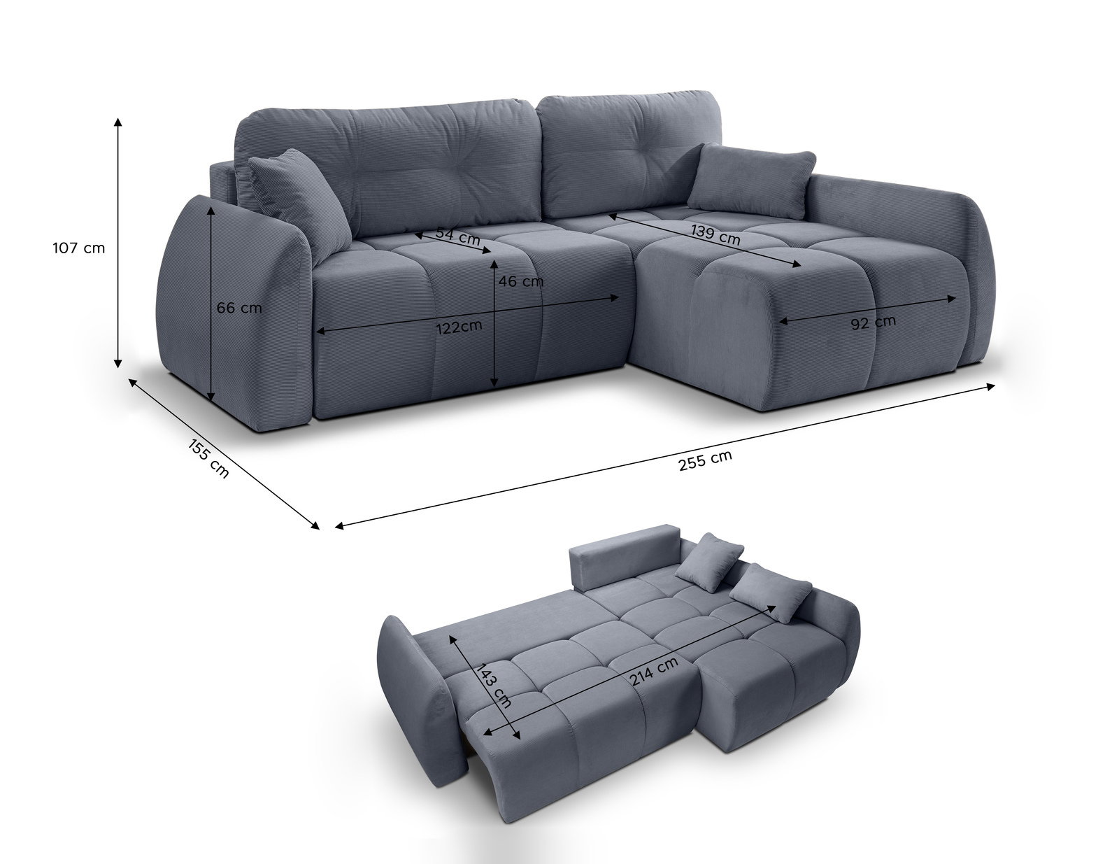 Eckschlafsofa in Dunkelgrau, rechts ausgerichtet, mit Maßen 255 cm x 155 cm x 107 cm, umwandelbar in ein Bett mit einer Liegefläche von 214 cm x 143 cm, seitliche und frontale Perspektive.