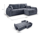 Eckschlafsofa in Dunkelgrau, rechts ausgerichtet, mit Maßen 255 cm x 155 cm x 107 cm, umwandelbar in ein Bett mit einer Liegefläche von 214 cm x 143 cm, seitliche und frontale Perspektive.