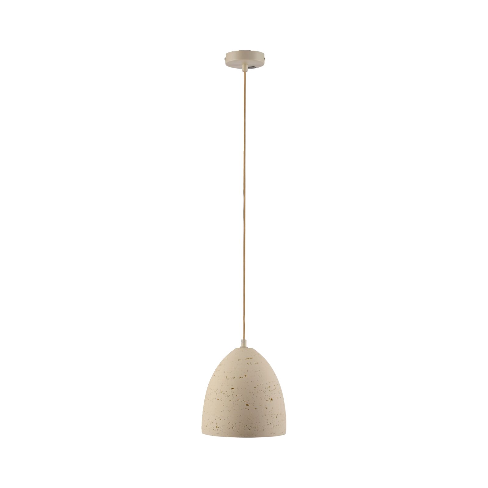 Beige Pendelleuchte mit gesprenkeltem, glockenförmigem Lampenschirm und langem Kabel, frontale Ansicht von der Seite vor weißem Hintergrund