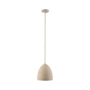 Beige Pendelleuchte mit gesprenkeltem, glockenförmigem Lampenschirm und langem Kabel, frontale Ansicht von der Seite vor weißem Hintergrund