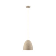 Beige Pendelleuchte mit gesprenkeltem, glockenförmigem Lampenschirm und langem Kabel, frontale Ansicht von der Seite vor weißem Hintergrund