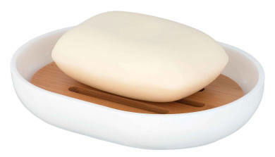 Wenko Seifenablage POSA Seifenablage Posa weiß mit Holzunterlage und Seife, Ansicht von oben