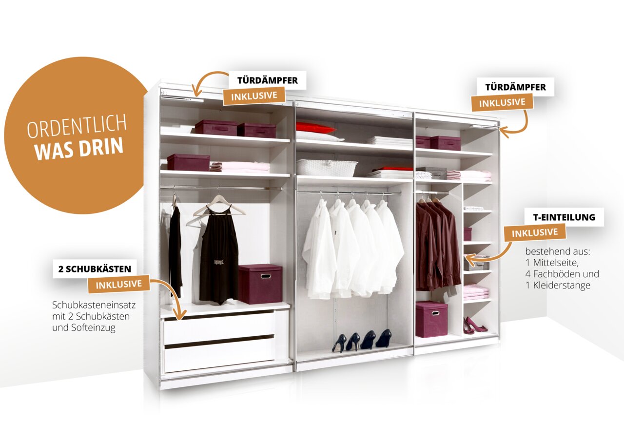 Schwebetürenschrank mit offener Frontansicht, zeigt integrierte Türdämpfer, Schubkästen und T-Einteilung mit Kleiderstange und Regalböden.