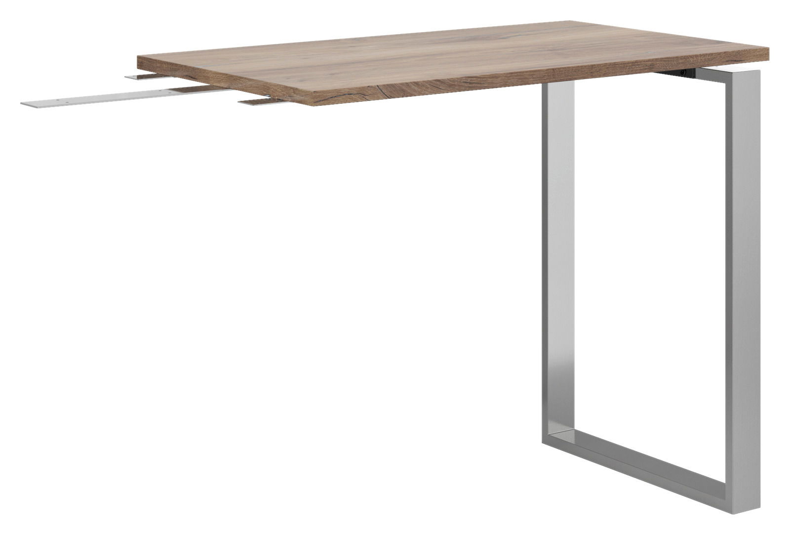 Ansteckplatte für Schreibtisch NEVADA, seitliche Perspektive, mit Holzoberfläche und Metallgestell.